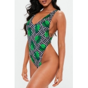 Lovely Printed Backless Green One-piece Swimwear