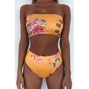 Lovely Sexy Floral Printed Yellow Two-piece Swimwe