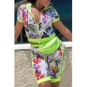 Lovely Casual Printed Green Two-piece Shorts Set
