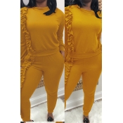 Lovely Casual Ruffle Design Yellow Two-piece Pants