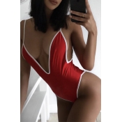 Lovely Deep V Neck Red One-piece Swimwear