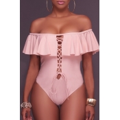 Lovely Ruffle Design Pink One-piece Swimwear
