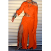 Lovely Trendy Side High Slit Orange Two-piece Pant