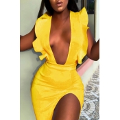 Lovely Sexy Deep V Neck Yellow Mini Dress(With Ela