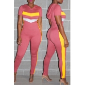 Lovely Casual Hooded Collar Patchwork Pink One-pie