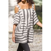 Lovely Off The Shoulder Striped Hollow-out Blouse