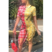 Lovely Casual Plaid Patchwork Yellow One-piece Rom