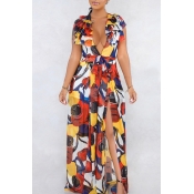 Lovely Casual Deep V Neck Printed Chiffon One-piec
