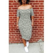 Lovely Off The Shoulder Printed Beige Knee Length 