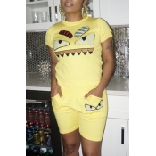 Lovely Leisure Cartoon Printed Yellow Two-piece Sh