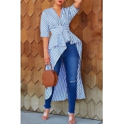 Lovely Casual Striped Asymmetrical Blue Blouse