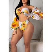 Lovely Sunflower Printed White Two-piece Swimwear