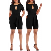 Lovely Casual Lace-up Hollow-out Black One-piece R