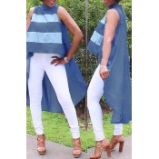 Lovely Casual Asymmetrical Patchwork Blue Blouses