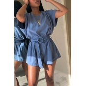Lovely Casual Short Sleeve Blue Two-piece Shorts