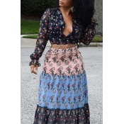 Lovely Sweet V Neck Printed Deep Blue Two-piece Sk