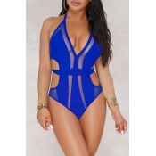 Lovely V Neck Hollow-out Blue One-piece Swimwear
