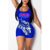 Lovely Casual Cartoon Printed Blue One-piece Rompe