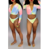 Lovely O Neck Tie-dye Zipper Design Two-piece Swim