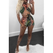 Lovely Sexy Printed Lace-up Two-piece Shorts Set