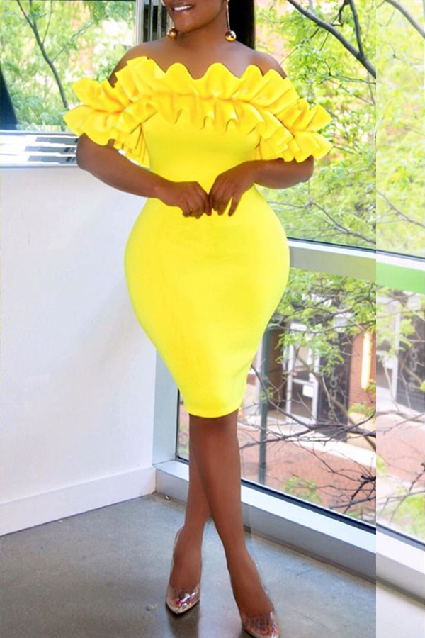 

Lovely Trendy Off The Shoulder Ruffle Design Yellow Knee Length Dress