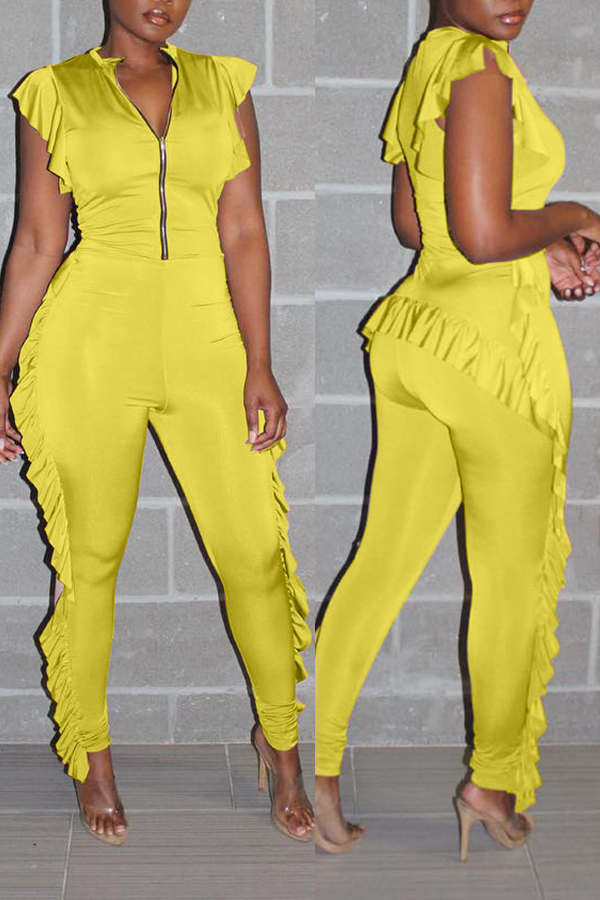 

Lovely Casual Flounce Patchwork Yellow One-piece Jumpsuit