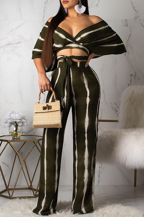 

Lovely Casual V Neck Off The Shoulder Striped Two-piece Pants Set