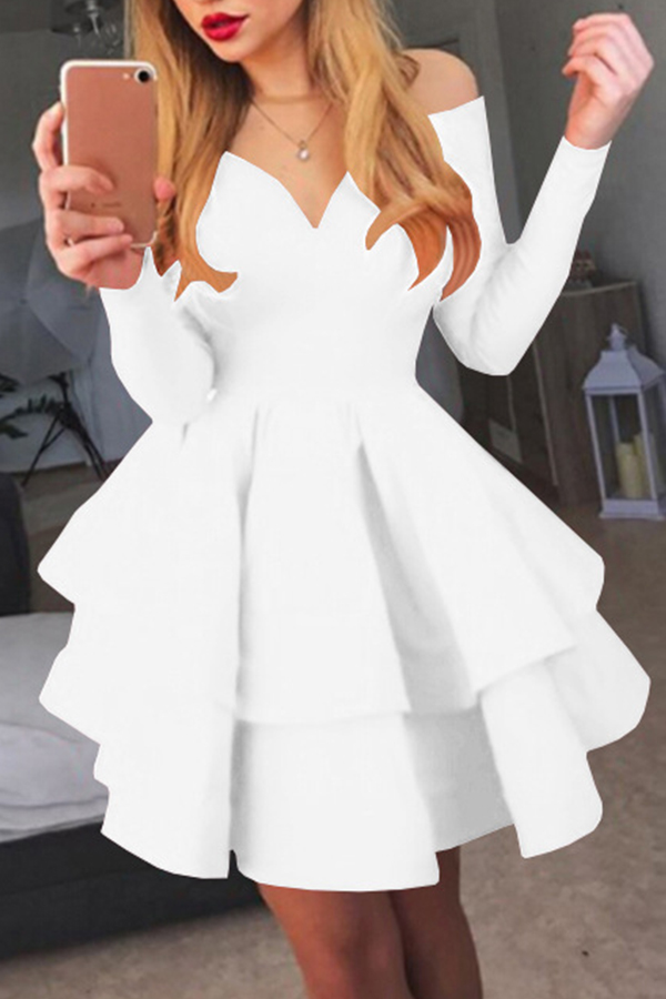 

Lovely Sweet V Neck Ruffle Design White Knee Length A Line Dress