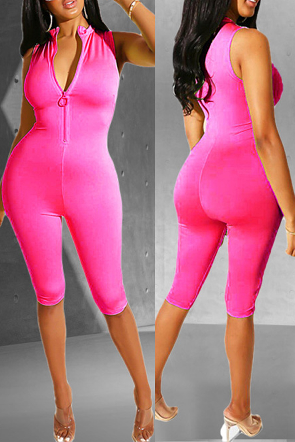 

Lovely Casual Zipper Design Rose Red One-piece Romper