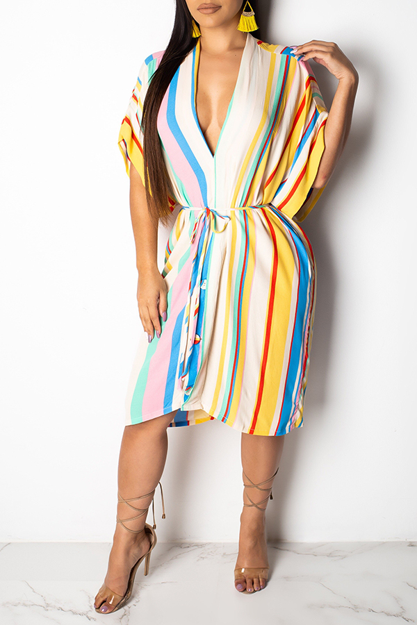 

Lovely Sweet V Neck Striped White Mid Calf A Line Dress