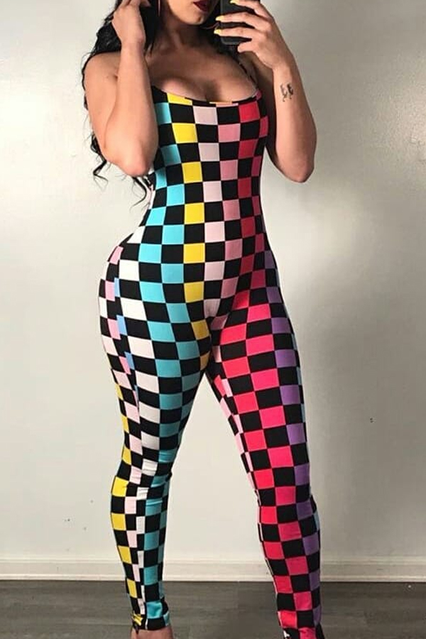 

Lovely Sexy Plaid Printed Backless One-piece Jumpsuit