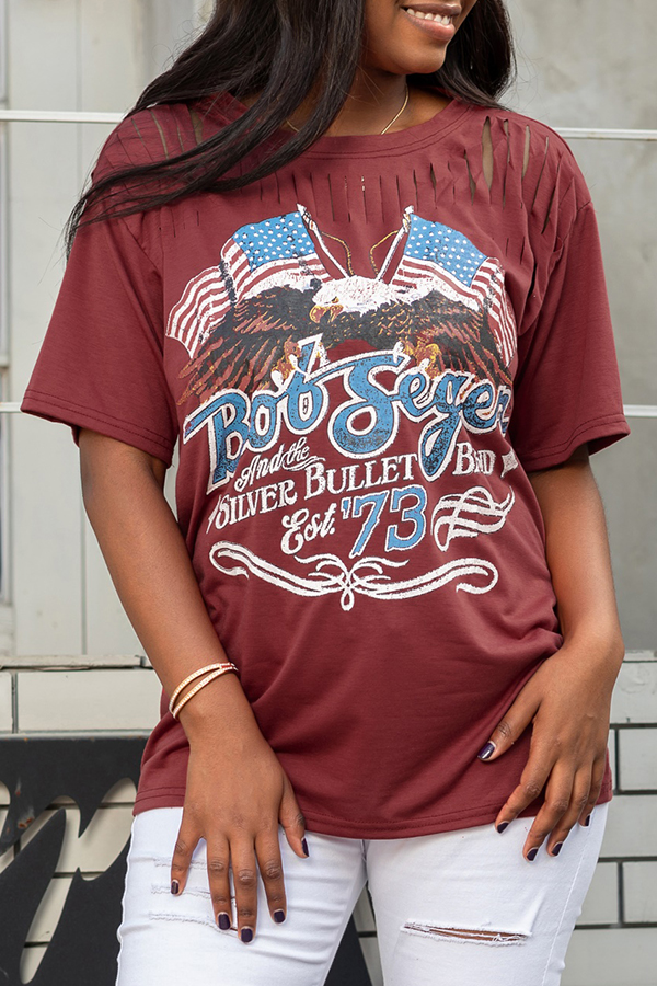 

Lovely Casual Letter Printed Wine Red T-shirt