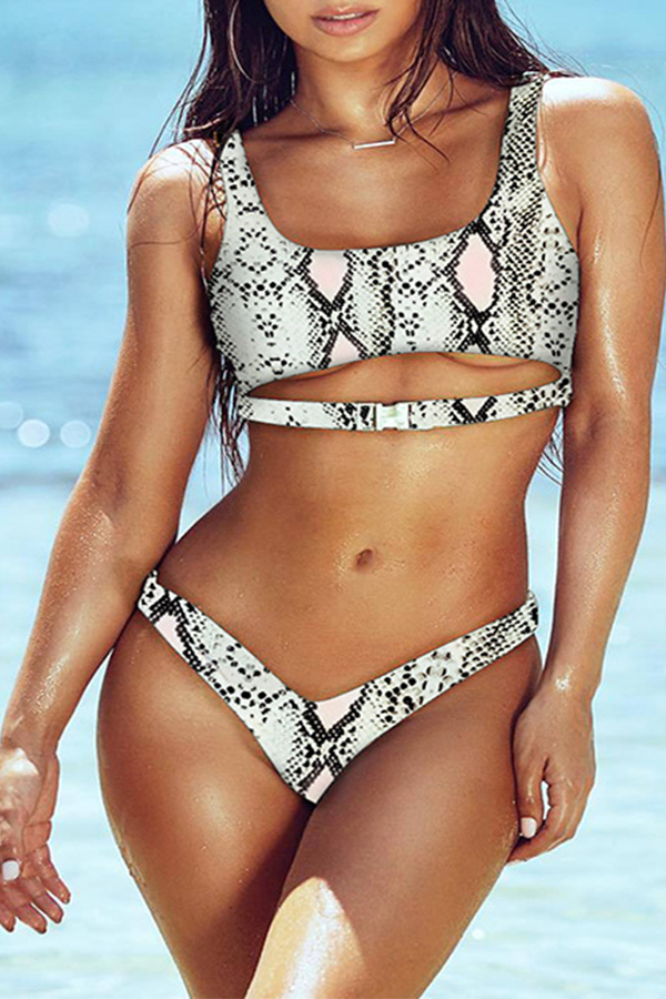 

Lovely Snakeskin Pattern Printed Hollow-out White Two-piece Swimwear
