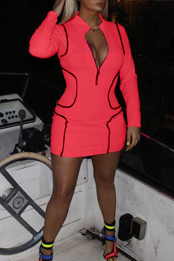 

Lovely Casual V Neck Zipper Design Red Mini Dress