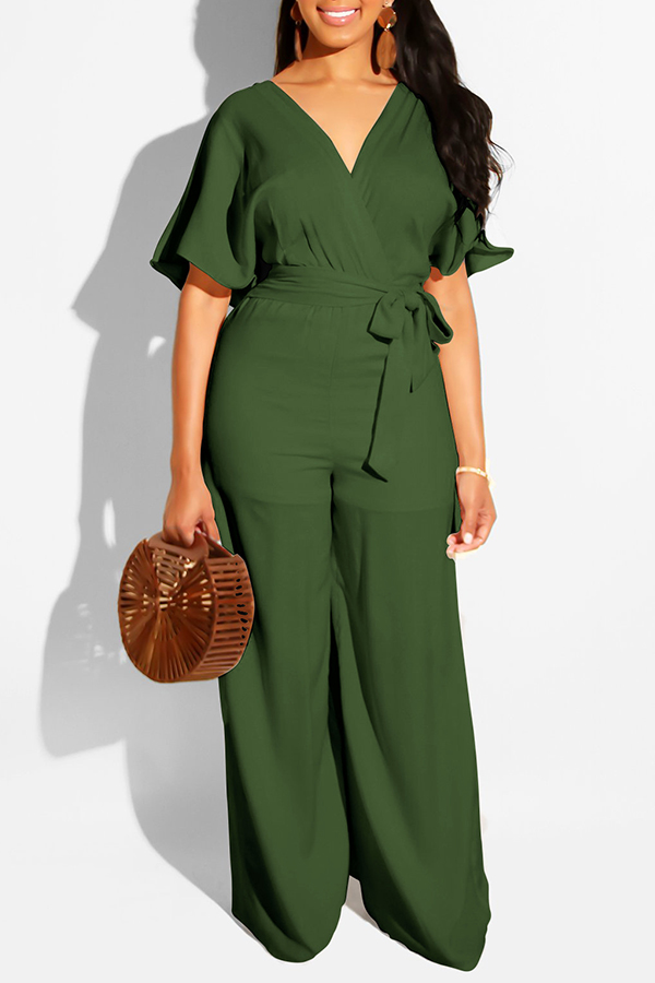 

Lovely Work V Neck Lace-up Army Green One-piece Loose Jumpsuit