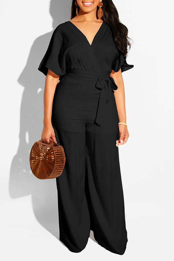 

Lovely Work V Neck Lace-up Black One-piece Loose Jumpsuit