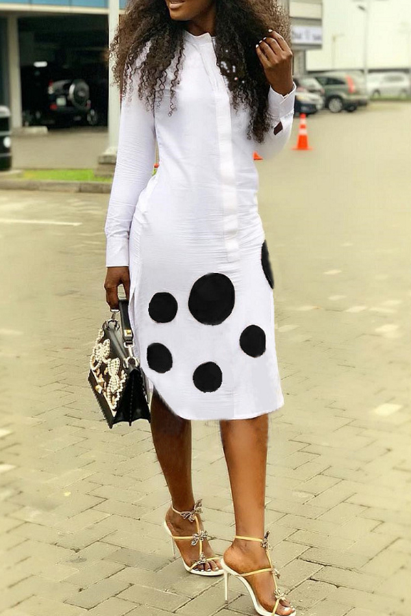 

Lovely Casual Dot Printed White Knee Length A Line Dress