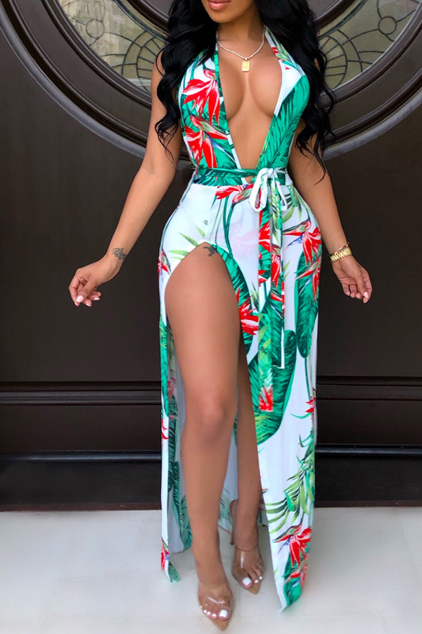

Lovely Sexy Deep V Neck Printed Side Split White Floor Length A Line Dress