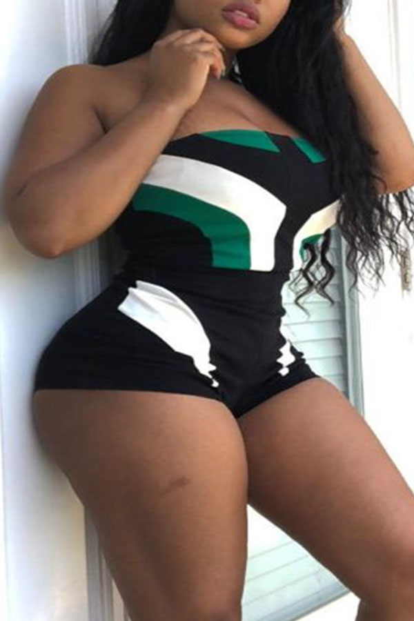 

Lovely Fashion Off The Shoulder Striped Printed Black One-piece Romper