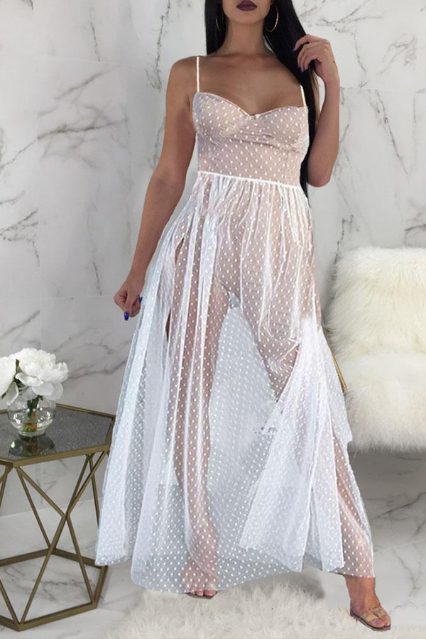 

Lovely Sexy Dot Printed Lace Patchwork White Ankle Length A Line Dress