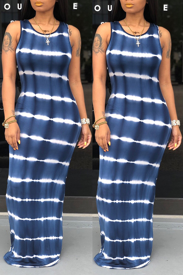 

Lovely Casual O Neck Tie-dye Dark Blue Floor Length A Line Dress