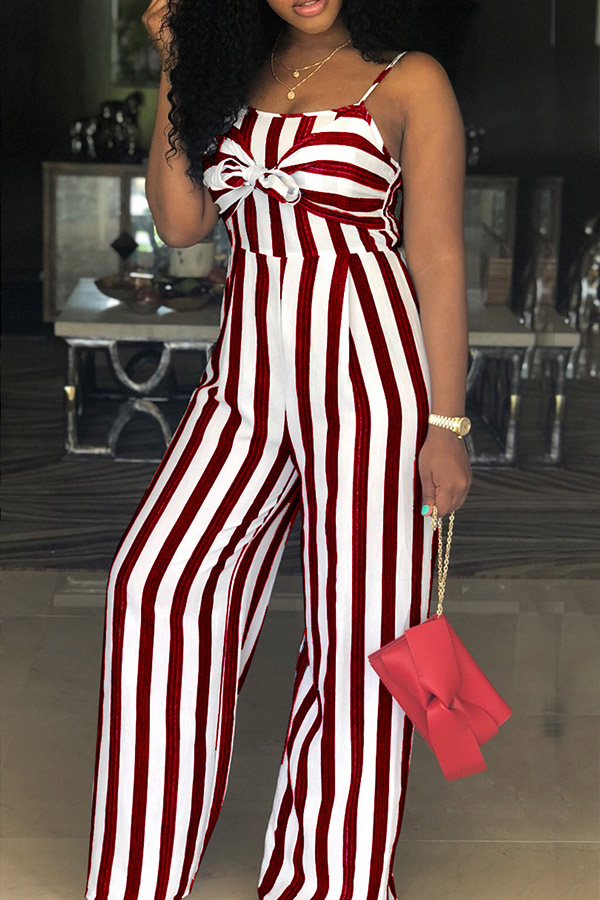 

Lovely Women’s Spaghetti Straps Striped Hollow-out Wine Red One-piece Jumpsuit