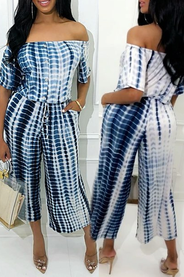 

Lovely Casual Printed Blue Loose Two-piece Pants Set