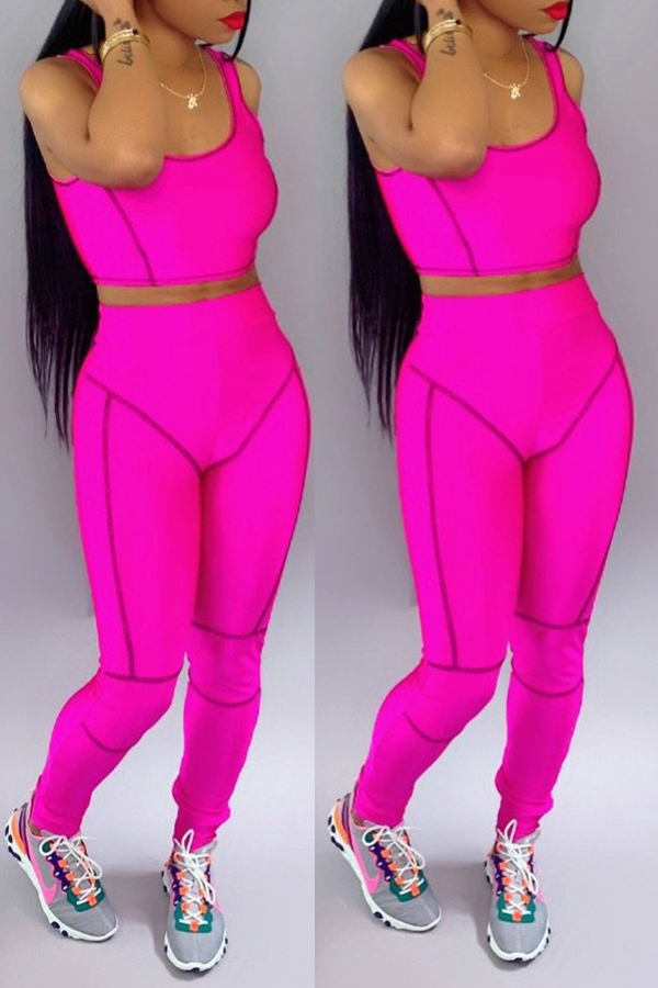 

Lovely Casual U Neck Patchwork Rose Red Two-piece Pants Set