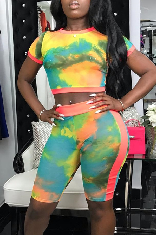 

Lovely Casual Tie-dye Printed Patchwork Two-piece Shorts Set, Multi