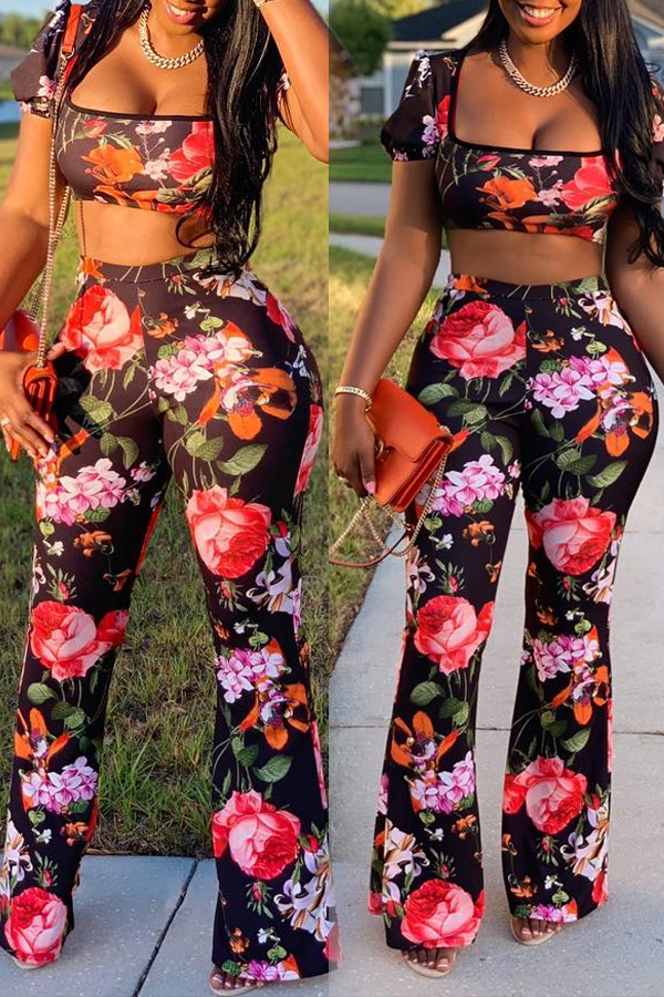 

Lovely Casual Floral Printed Black Two-piece Pants Set