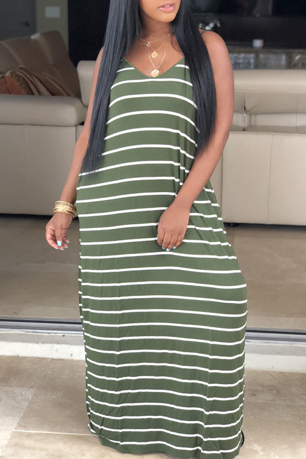 

Lovely Casual V Neck Spaghetti Strap Striped Green Floor Length Dress