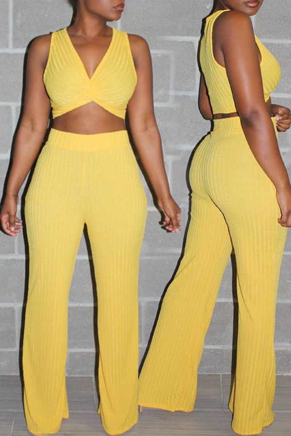 

Lovely Casual V Neck Yellow Two-piece Pants Set