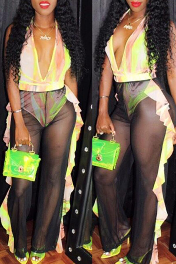 

Lovely V Neck Printed Black One-piece Swimwear(With Pants