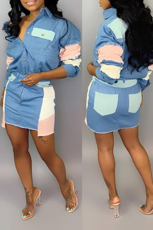 Lovely Casual Patchwork Blue Denim Two-piece Skirt Set